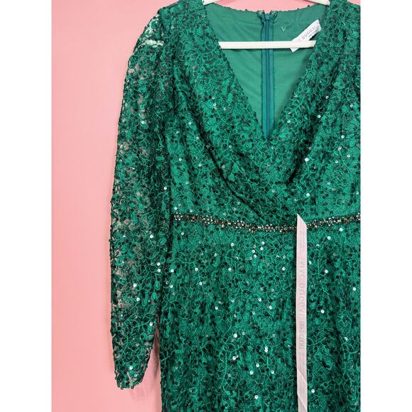 Mac Duggal Embellished Wrap Over Long Sleeve Gown Green Style 68016 Size 6 - Picture 3 of 9